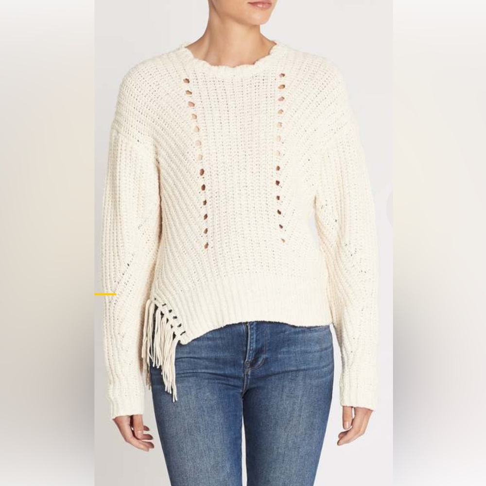 Joie Taelar Crew Neck Sweater Porcelain Size Large Open Knit Tassel Hem